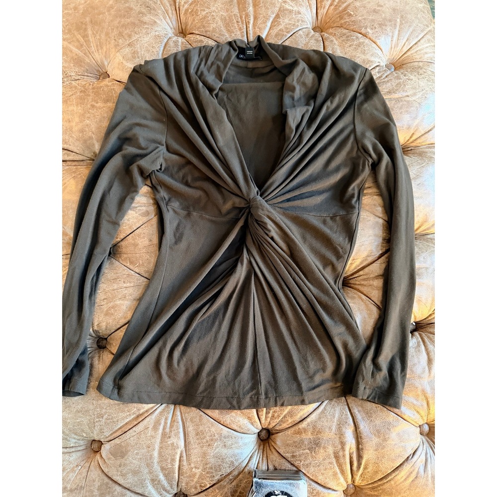 Lafayette 148 New York Brown Twist Front V-Neck Long Sleeve Top Medium